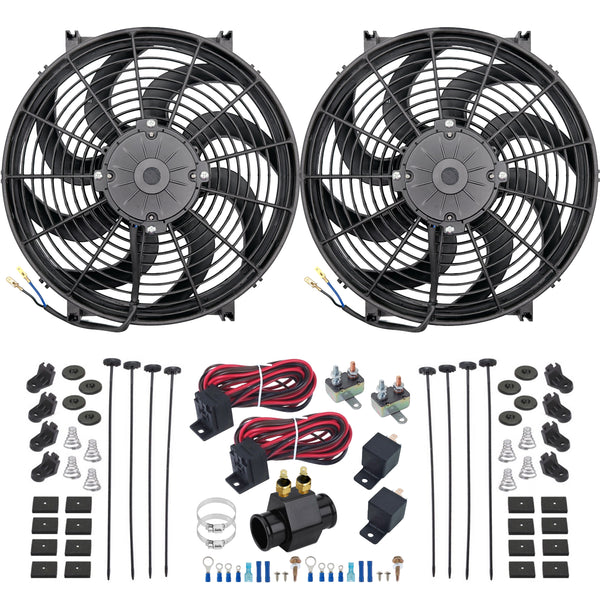 Dual 14-15 Inch 180w Electric Fan Radiator Hose Adapter 2-Stage Temp Switch Kit