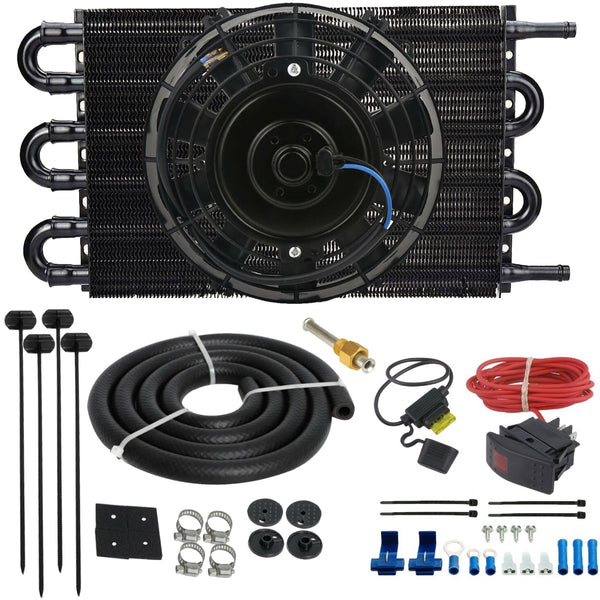 6 Row 3/8" Transmission Oil Cooler Electric Fan Rocker Bar Switch Wiring Kit
