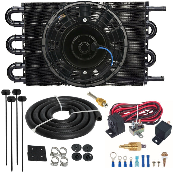 6 Row 3/8" Transmission Oil Cooler Electric Fan NPT Grounding Thermostat Kit