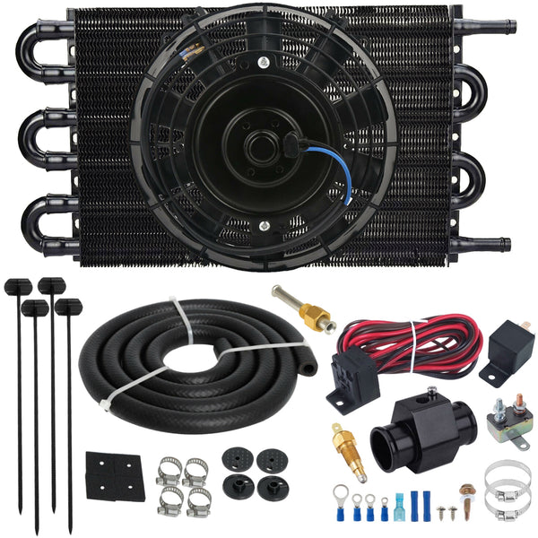 6 Row 3/8" Transmission Oil Cooler Electric Fan Hose Adapter Ground Switch Kit