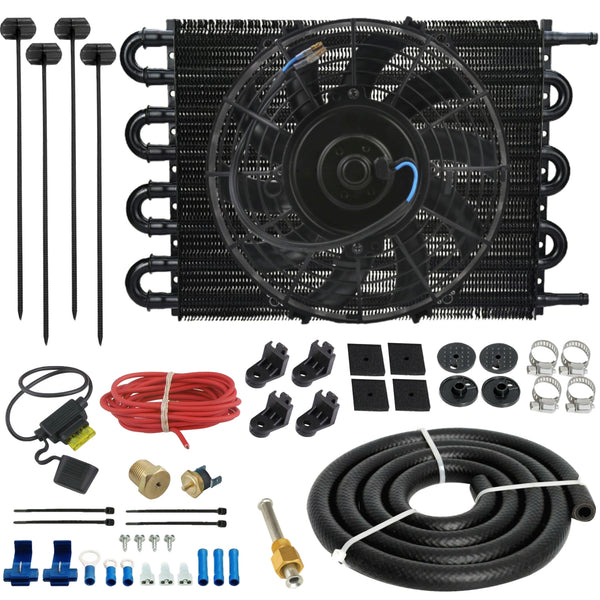 8 Row 3/8" Hose Line Transmission Cooler Electric Fan Thermostat Switch Kit