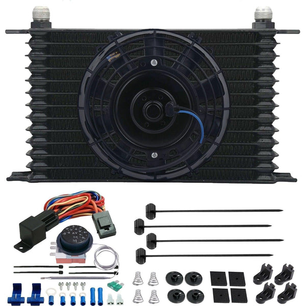 13 Row Engine Transmission Oil Cooler 6" Inch Electric Cooling Fan Adjustable Thermostat Wiring Kit - American Volt