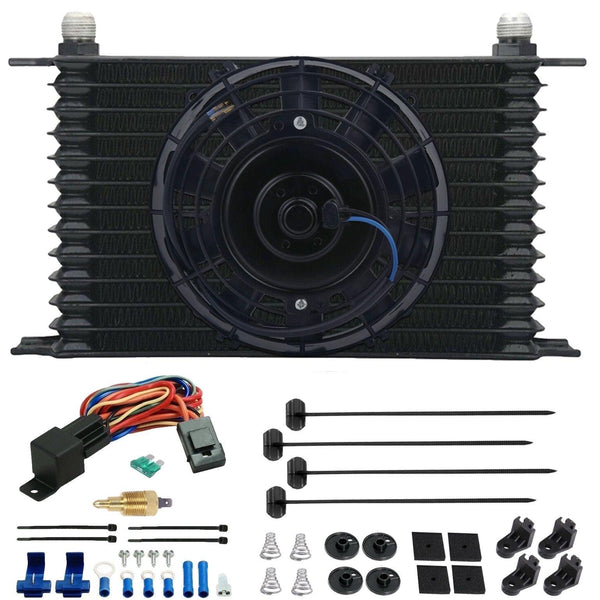 13 Row Engine Transmission Oil Cooler 6" Inch Electric Cooling Fan Ground Thermostat Temp Switch Kit - American Volt