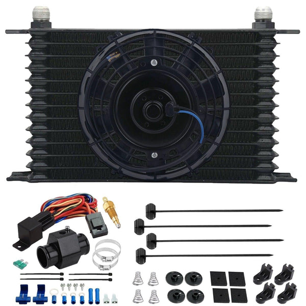 13 Row Engine Transmission Oil Cooler 6" Inch Electric Cooling Fan In-Hose Grounding Temp Switch Kit - American Volt