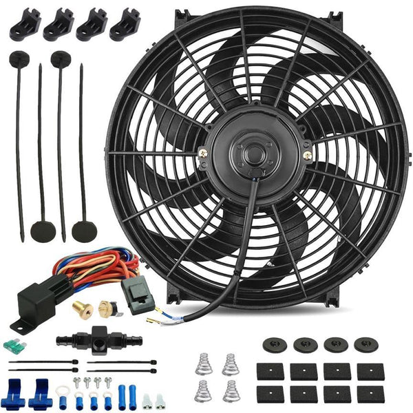 14-15" Inch Electric Engine Radiator Cooling Fan In-Line AN Hose Fitting Thermostat Temperature Switch Wire Kit - American Volt