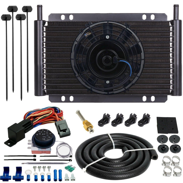 17 Row Engine Transmission Oil Cooler 6" Inch Electric Cooling Fan Adjustable Thermostat Wiring Kit - American Volt