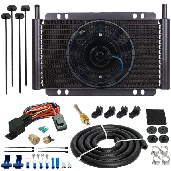 17 Row Engine Transmission Oil Cooler 6" Inch Electric Fan Thread-In Thermostat Switch Kit - American Volt