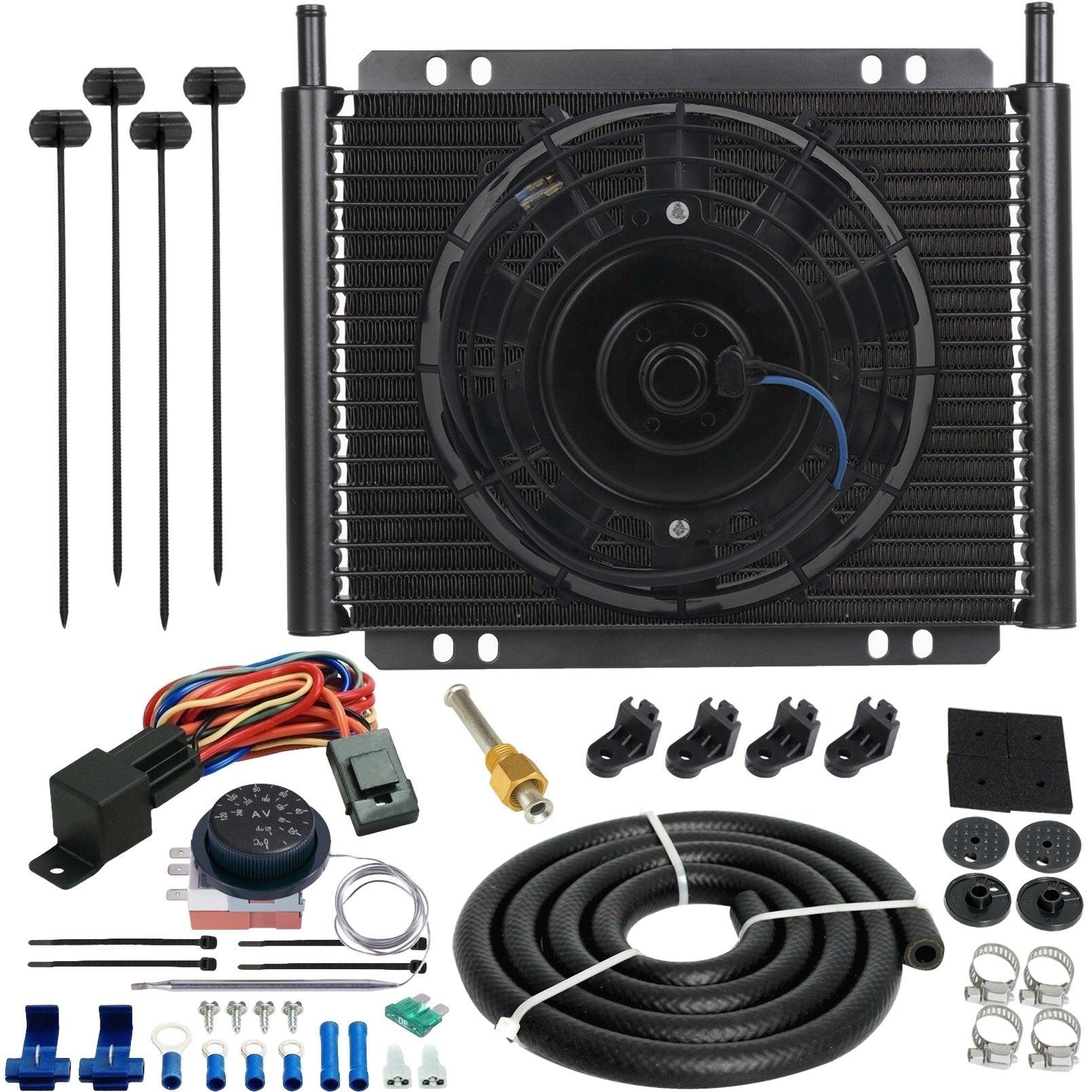 8 Row Transmission Oil Cooler Kit With Electric Fan & Thermostat - Universal Automotive Cooling System