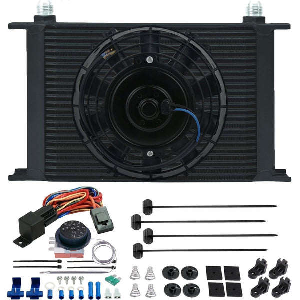 25 Row Engine Transmission Oil Cooler 6" Inch Electric Cooling Fan Adjustable Thermostat Wiring Kit - American Volt