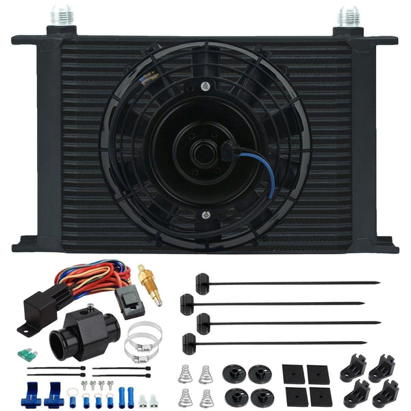 25 Row Engine Transmission Oil Cooler 6" Inch Electric Cooling Fan In-Hose Grounding Temp Switch Kit - American Volt