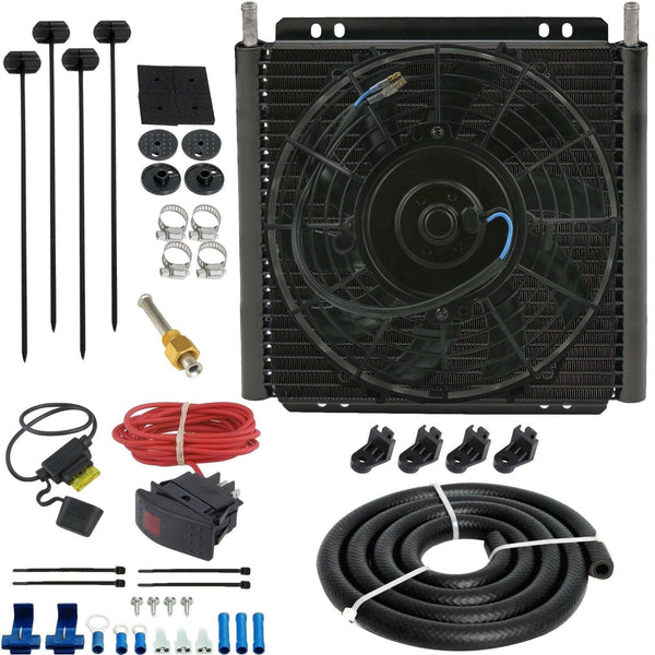 30 Row Engine Transmission Oil Cooler 9 Inch Electric Cooling Fan Toggle Rocker Bar Switch Wiring Kit - American Volt