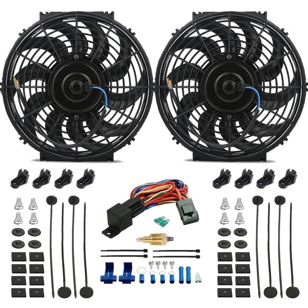 Dual 12-13" Inch 90w Reversible Electric Cooling Radiator Fan Thermostat Temperature Switch Wire Kit - American Volt