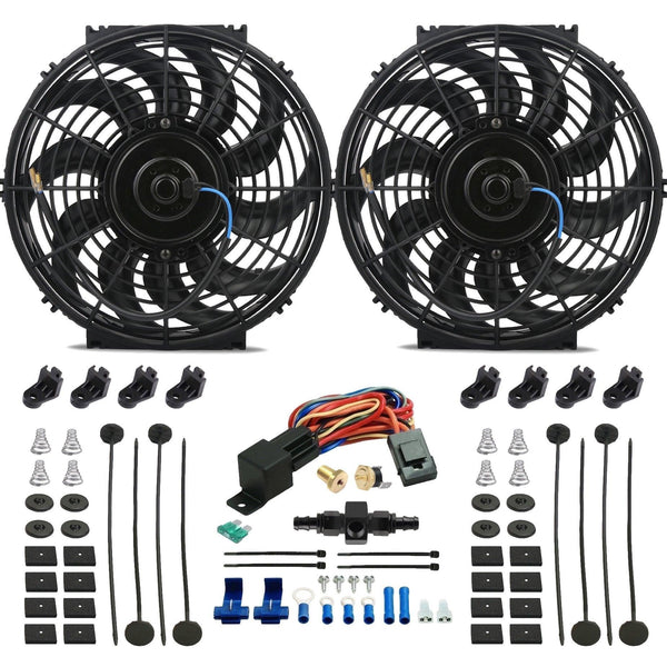 Dual 12-13" Inch Electric Engine Radiator Cooling Fans In-Hose AN Fitting Thermostat Temp Switch Kit - American Volt