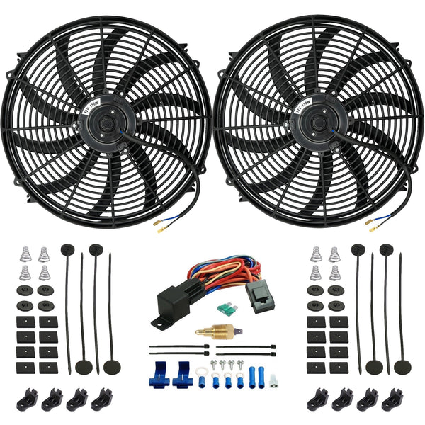 Dual 16-17" Inch 130w Electric Radiator Cooling Fans Grounding Thermostat Temp Switch Wiring Kit - American Volt