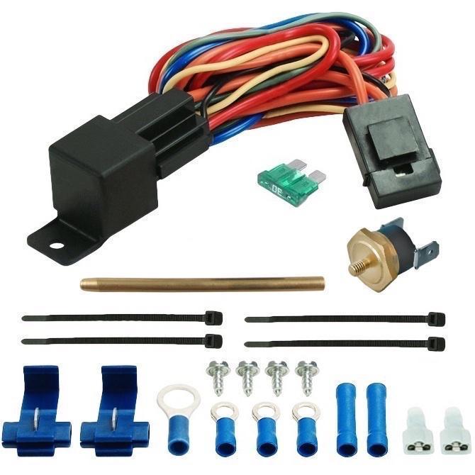 Dual 16-17" Inch Electric Radiator Condenser Cooling Fans Push-In Probe Thermostat Switch Wiring Kit - American Volt