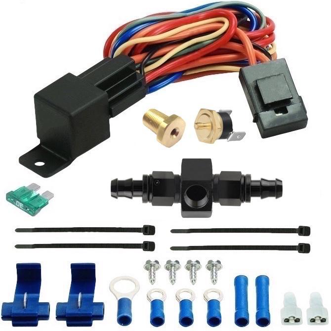 Dual 14-15" Inch Electric Engine Radiator Cooling Fans In-Hose AN Fitting Thermostat Temp Switch Kit - American Volt