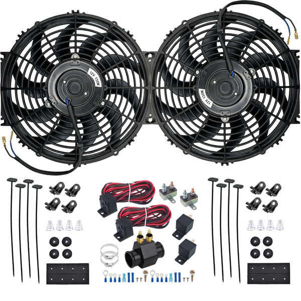 Dual 12 Inch 130w Electric Fans 38mm Radiator Hose 2-Stage Temp Switch Kit
