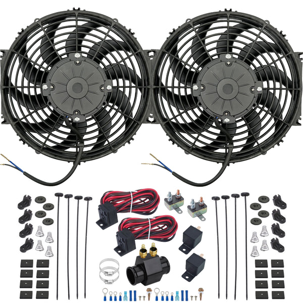 Dual 12 Inch 180w Electric Fans 1.5" Radiator Hose Adapter 2-Stage Temp Switch Kit