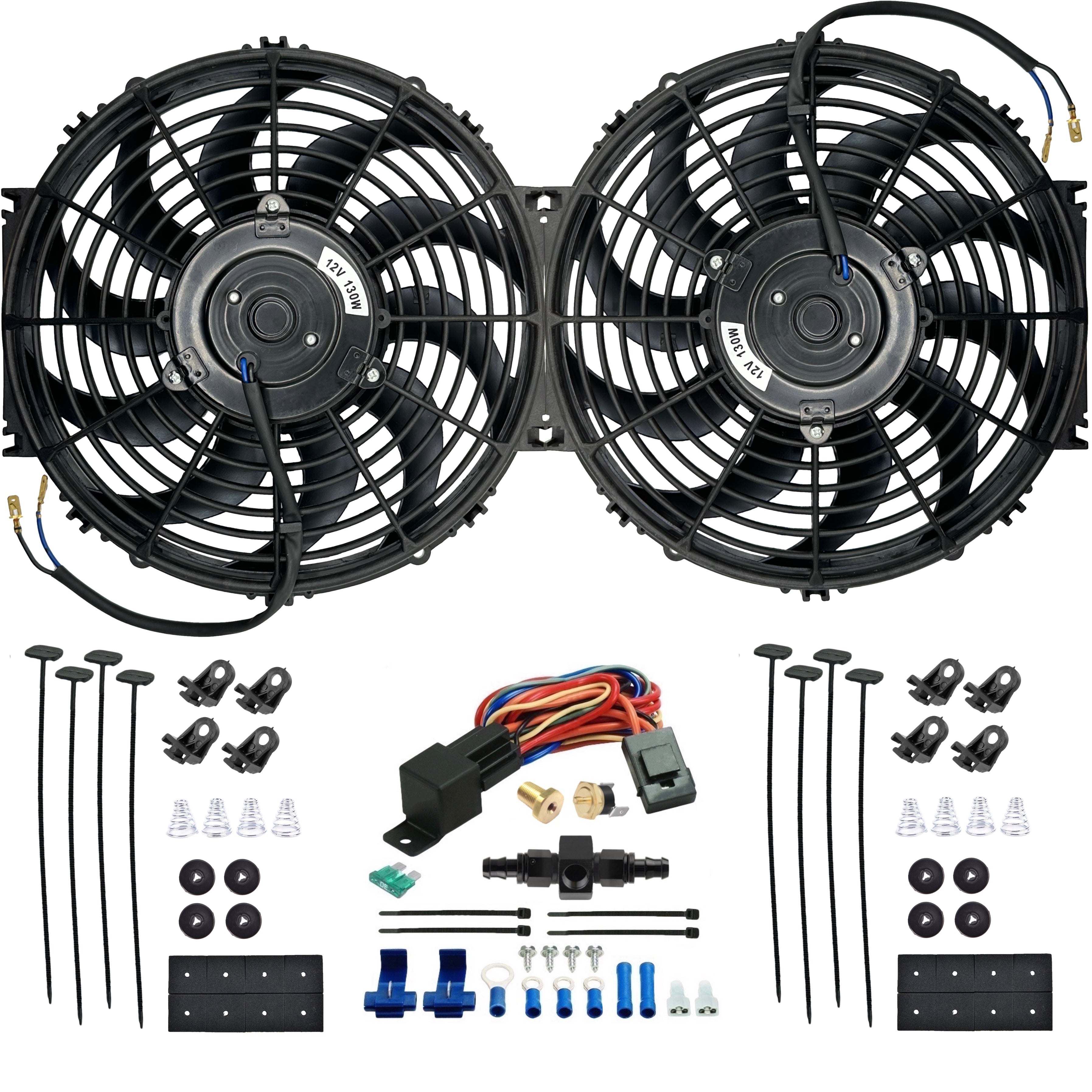Dual 12-13 Inch 130w Electric Radiator Fans In-Hose Thermostat Switch ...
