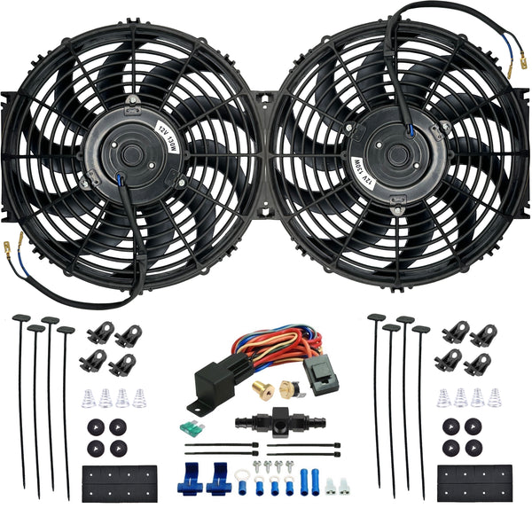 Dual 12-13 Inch 130w Electric Radiator Fans In-Hose Thermostat Switch Kit