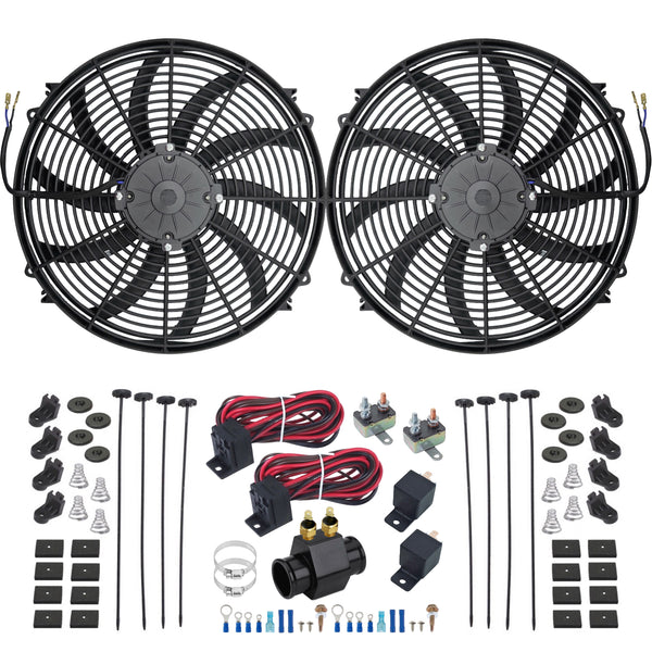 Dual 16-17 Inch 180w Electric Fans 1.5" Radiator Hose 2-Stage Temp Switch Kit