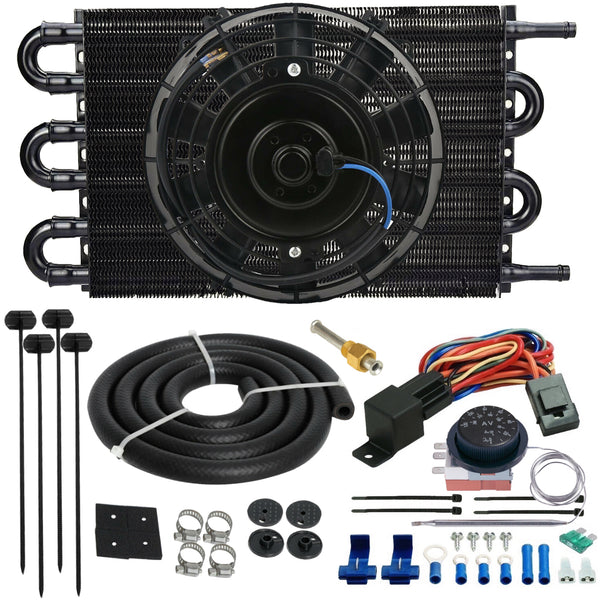 6 Row 3/8 Inch Transmission Oil Cooler Electric Fan Adjustable Thermostat Kit