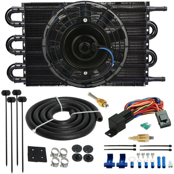 6 Row 3/8" Transmission Oil Cooler Electric Fan Ground Thermostat Switch Kit