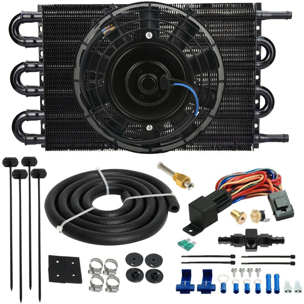 6 Pass 3/8" Transmission Oil Cooler Electric Fan 6AN In-Line Thermostat Kit