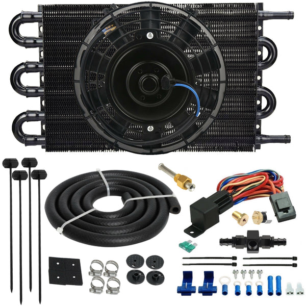 6 Pass 3/8" Transmission Oil Cooler Electric Fan 6AN Hose Temperature Switch
