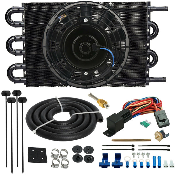 6 Pass 3/8" Hose Transmission Oil Cooler Electric Fan Push-In Probe Thermostat