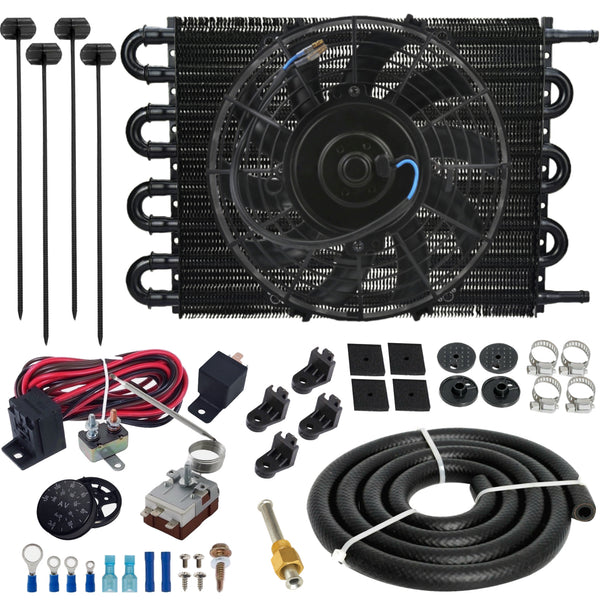 8 Row 3/8" Transmission Oil Cooler Electric Fan Adjustable Thermo Controller Kit