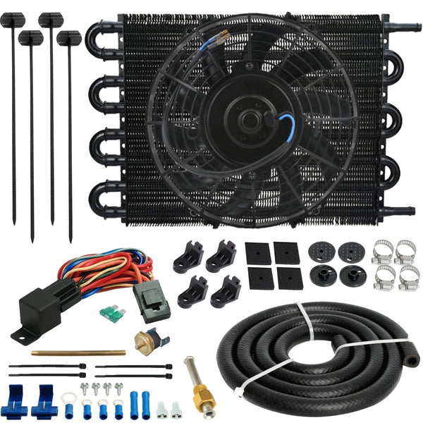 8 Row 3/8 Transmission Oil Cooler Electric Fan Push-in Probe Thermostat Kit