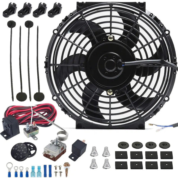 10-11" Inch 12 Volt 130w Radiator Electric Cooling Fan Adjustable Thermostat Probe Temp Switch Kit - American Volt