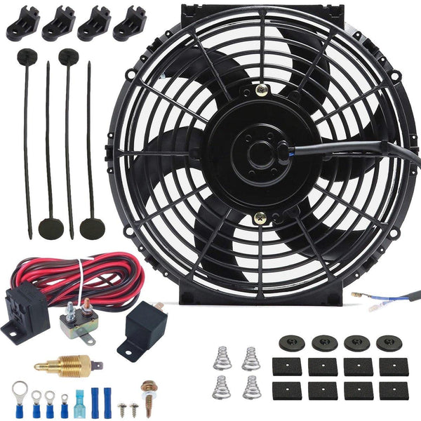 10-11" Inch 12 Volt 90w Motor Electric Cooling Fan Engine Radiator Grounding Thermostat Switch Kit - American Volt