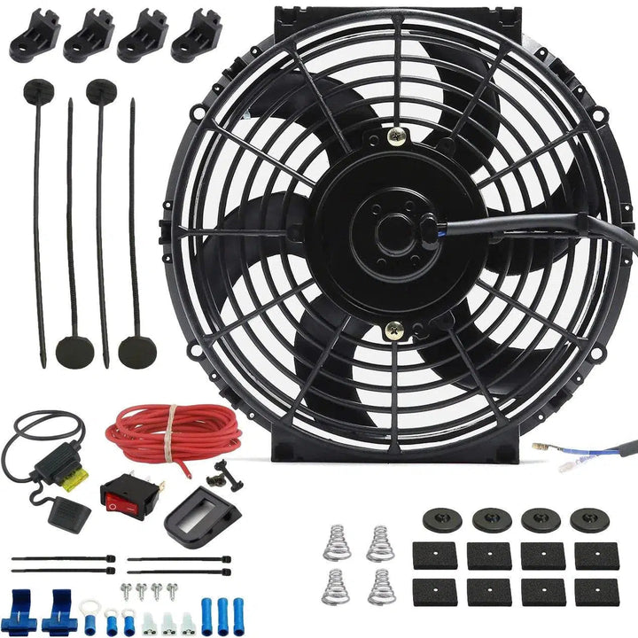 10-11" Inch 130w Electric Car Truck Radiator Cooling Fan 12 Volt Red Light Toggle Rocker Switch Wiring Kit - American Volt