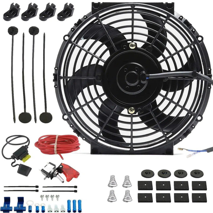 10-11" Inch 130w Electric Engine Radiator Cooling Fan 12 Volt Red LED Toggle Manual Switch Wiring Kit - American Volt