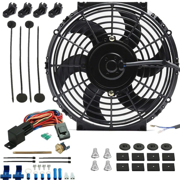 10-11" Inch Electric Cooling Fan 12 Volt Push-In Radiator Fin Probe Thermostat Switch Kit - American Volt