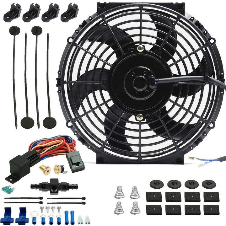 10-11" Inch Electric Engine Radiator Cooling Fan In-Line AN Hose Fitting Thermostat Temperature Switch Wire Kit - American Volt