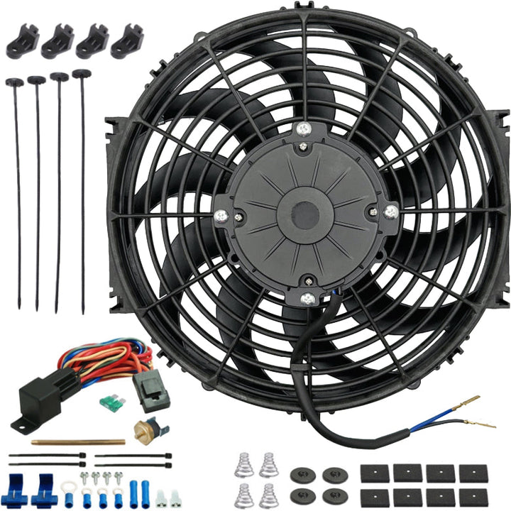 12-13" Inch 180w Electric Cooling Fan 12 Volt Push-In Radiator Fin Probe Thermostat Temp Switch Kit - American Volt