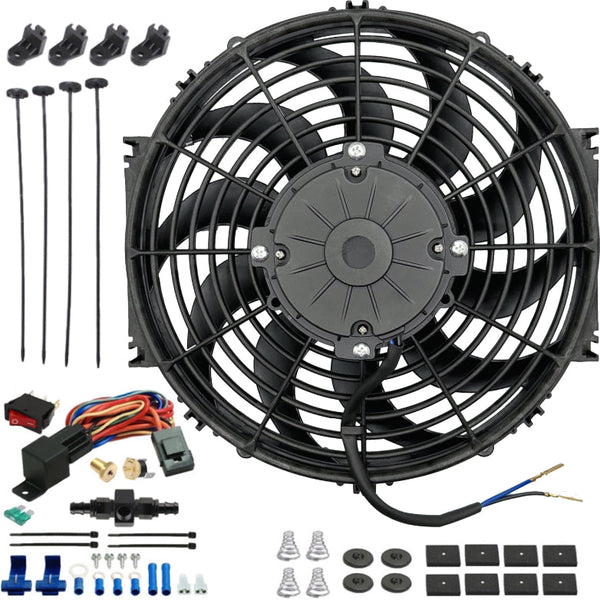 12-13" Inch 180w Motor Electric Cooler Fan In-Line AN Hose Fitting Thermostat Temperature Switch Wiring Kit - American Volt