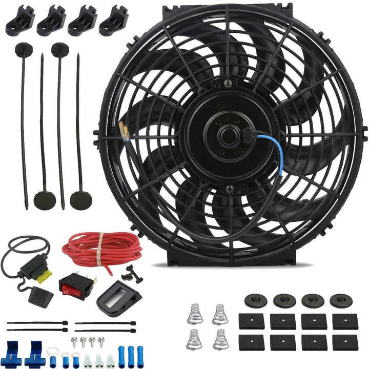 12-13" Inch 90w Electric Car Truck Radiator Cooling Fan 12 Volt Red Light Toggle Rocker Switch Wiring Kit - American Volt