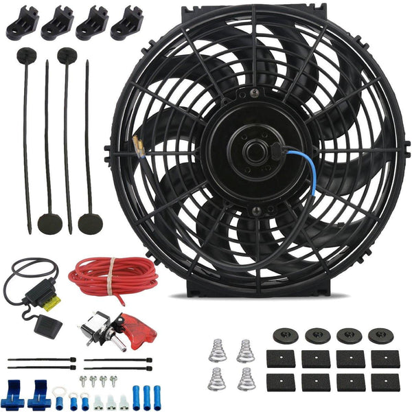12-13" Inch 90w Electric Engine Radiator Cooling Fan 12 Volt Red LED Toggle Manual Switch Wiring Kit - American Volt
