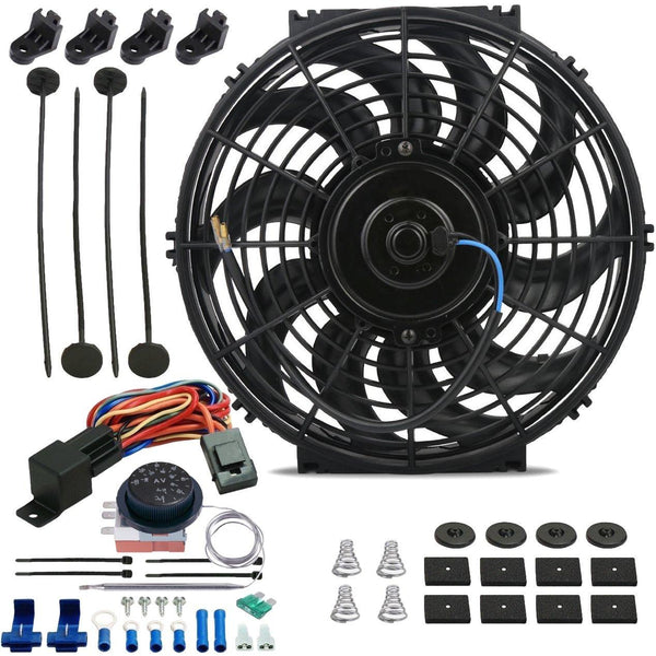 12-13" Inch 90w Electric Radiator Cooling Fan Adjustable Thermostat Temperature Wiring Switch Kit - American Volt