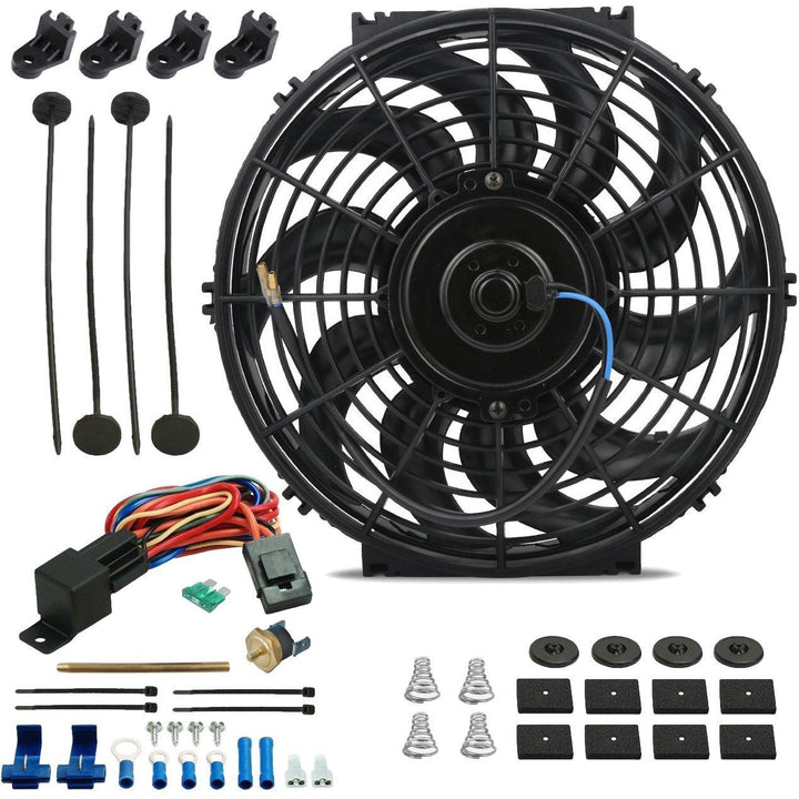 12-13" Inch 90w Motor Electric Auto Cooling Fan Push-In Radiator Fin Probe Thermostat Temp Switch Kit - American Volt