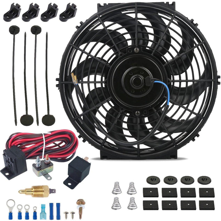 12-13" Inch Automotive Electric Radiator Cooling Fan Thread-In Grounding Thermostat Wiring Switch Kit - American Volt