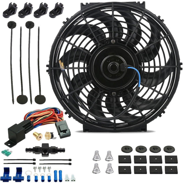 12-13" Inch Electric Engine Radiator Cooling Fan In-Line AN Hose Fitting Thermostat Temperature Switch Wire Kit - American Volt