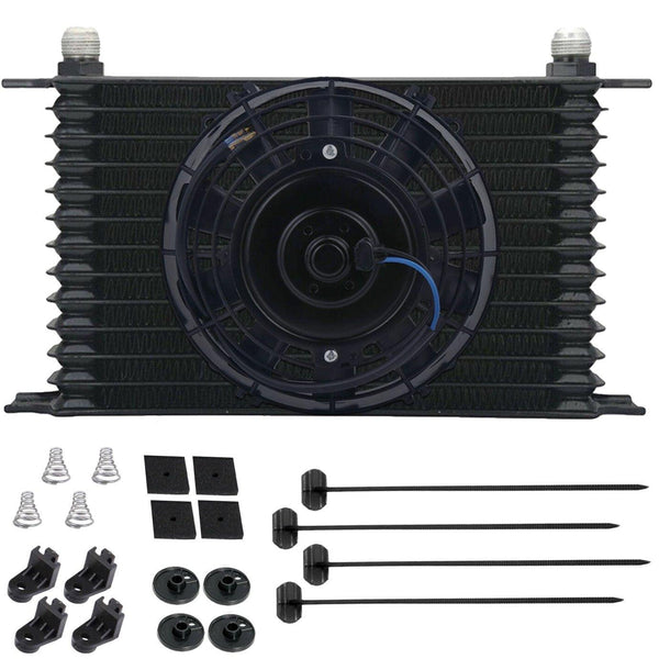 13 Row Aluminum Automotive Engine Transmission Oil Cooler 6" Electric Fan Kit AN Hose Fittings - American Volt