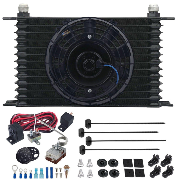 13 Row Engine Transmission Oil Cooler 6" Electric Fan Adjustable Thermostat Controller Switch Kit - American Volt