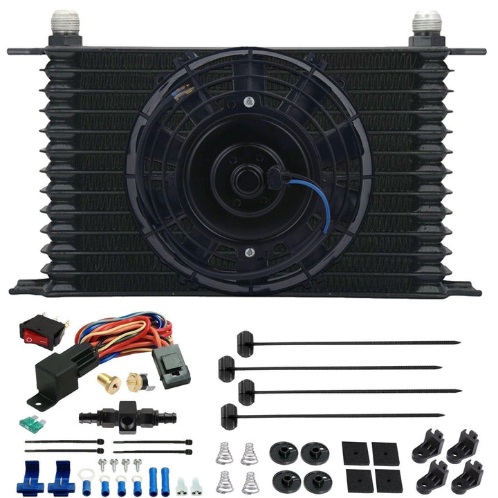 13 Row Engine Transmission Oil Cooler 6" Electric Fan In-Line AN Fitting Thermostat Temp Switch Kit - American Volt