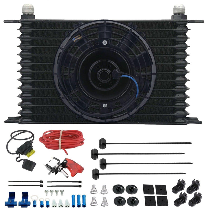 13 Row Engine Transmission Oil Cooler 6" Inch Electric Cooling Fan 12 Volt Red Toggle Switch Wiring Kit - American Volt